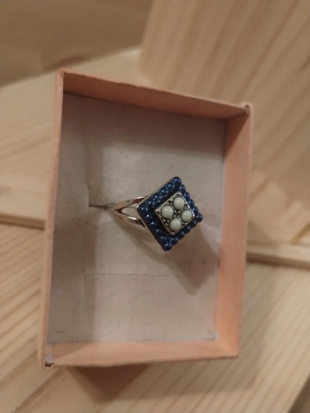 Blue & White Beaded Geometric Statement Ring Silver Tone Boho Size 8.5